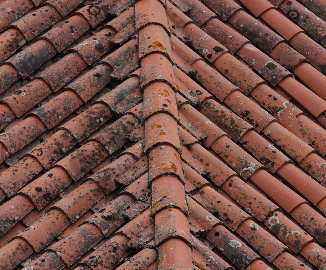 Close-up genteng tanah liat tersusun rapi pada atap rumah